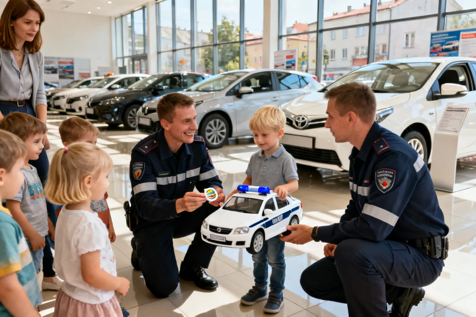 Policjanci ruchu drogowego rozmawiali z przedszkolakami w salonie Toyoty