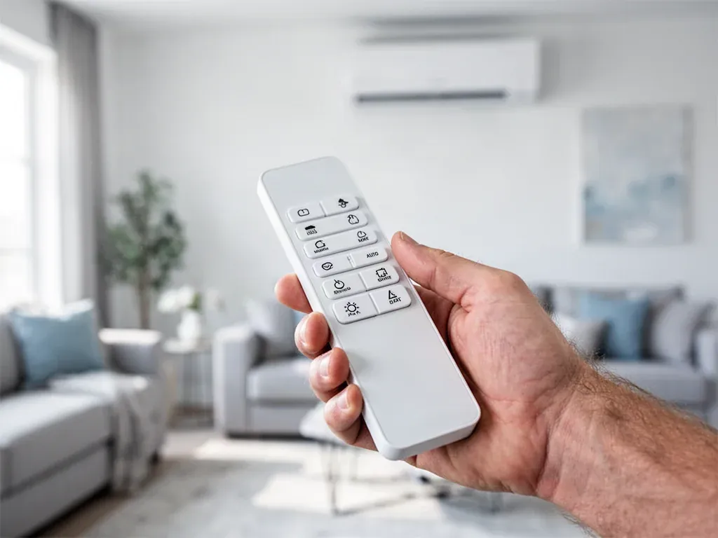 Dłoń trzymająca nowoczesny pilot do klimatyzatora LG na tle minimalistycznego salonu.