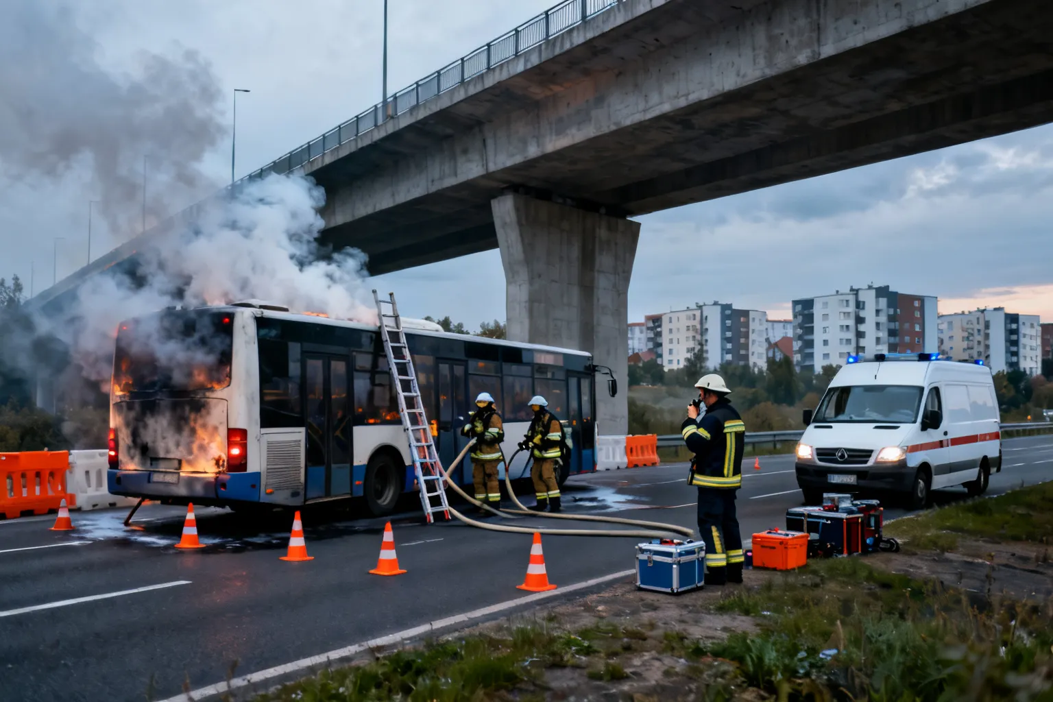 Ćwiczenia pożar autobusu S7 Kraków — symulacja na estakadach Węzła Mistrzejowice