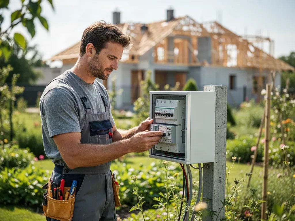 Elektryk sprawdza nowoczesną skrzynkę elektryczną na działce budowlanej w słoneczny dzień.