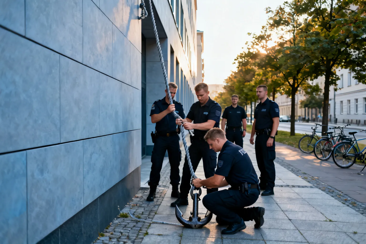 Policjanci korzystają z kabla zwisającego z Konsulatu USA na ul. Stolarskiej w Krakowie